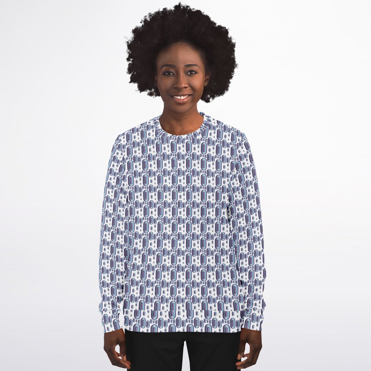 Athletic Sweatshirt - AOP Kukloso Abstractical No 93 Navy, Aqua, Pink shapes on White - Free Shipping
