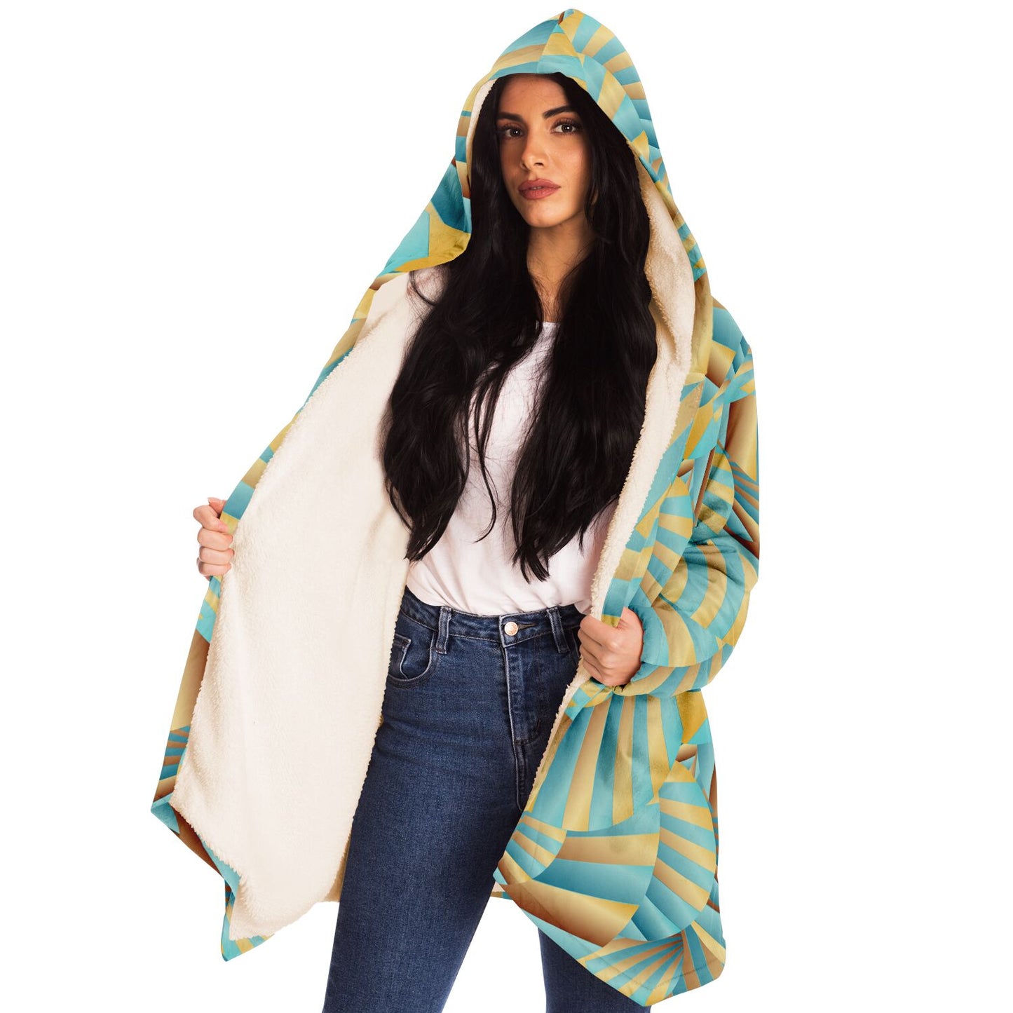 Microfleece Cloak - AOP Kukloso Abstractical No 269 Abstract Aqua, Blue, Gold Shapes - Free Shipping