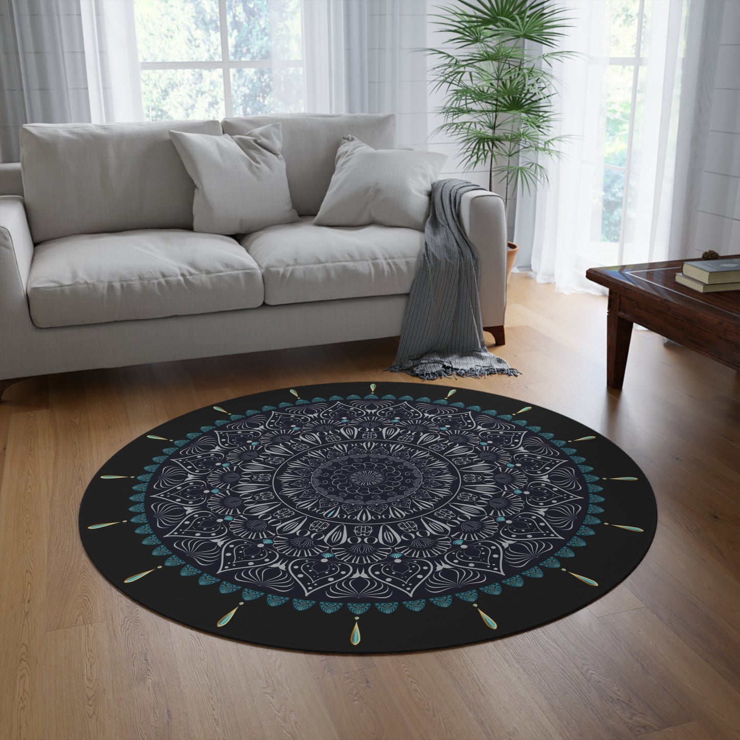 Round Rug Kukloso No 4334 Mandala Silver Aqua on Black Free Shipping