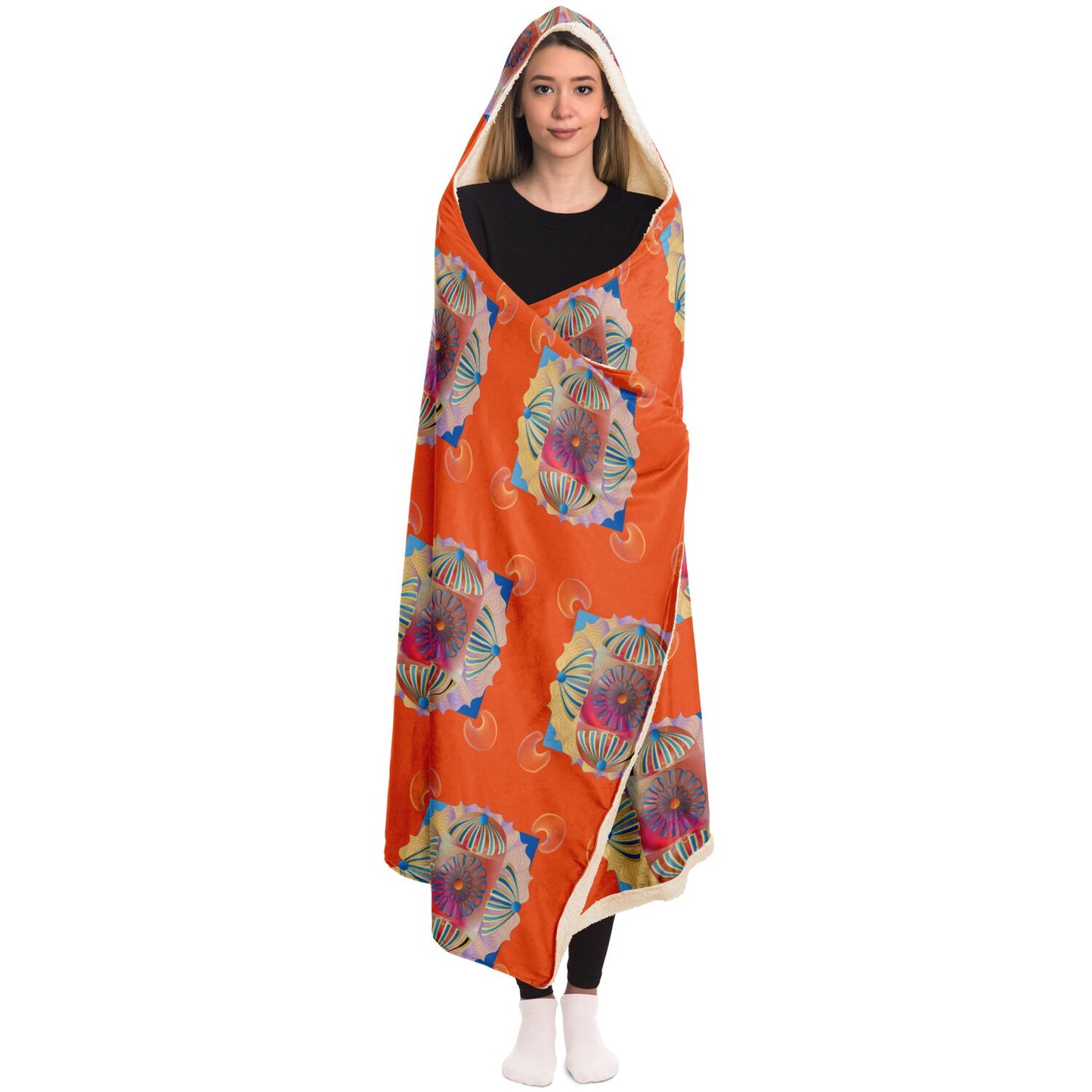 Hooded Blanket - AOP Kukloso Abstractical No 113 Abstract Blue Design on Orange - Free Shipping