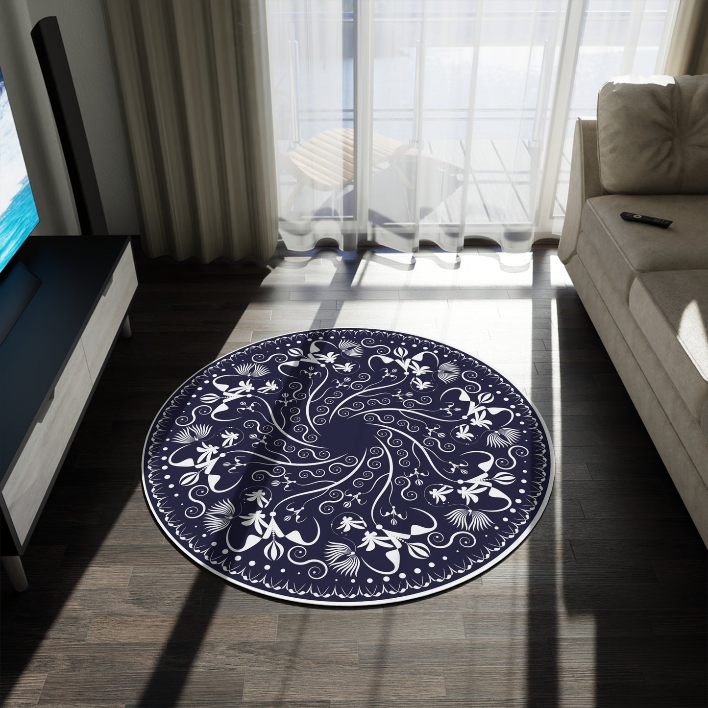 Round Rug Kukloso Mandala No 155 No 4 White Floral Pattern on Navy Free Shipping