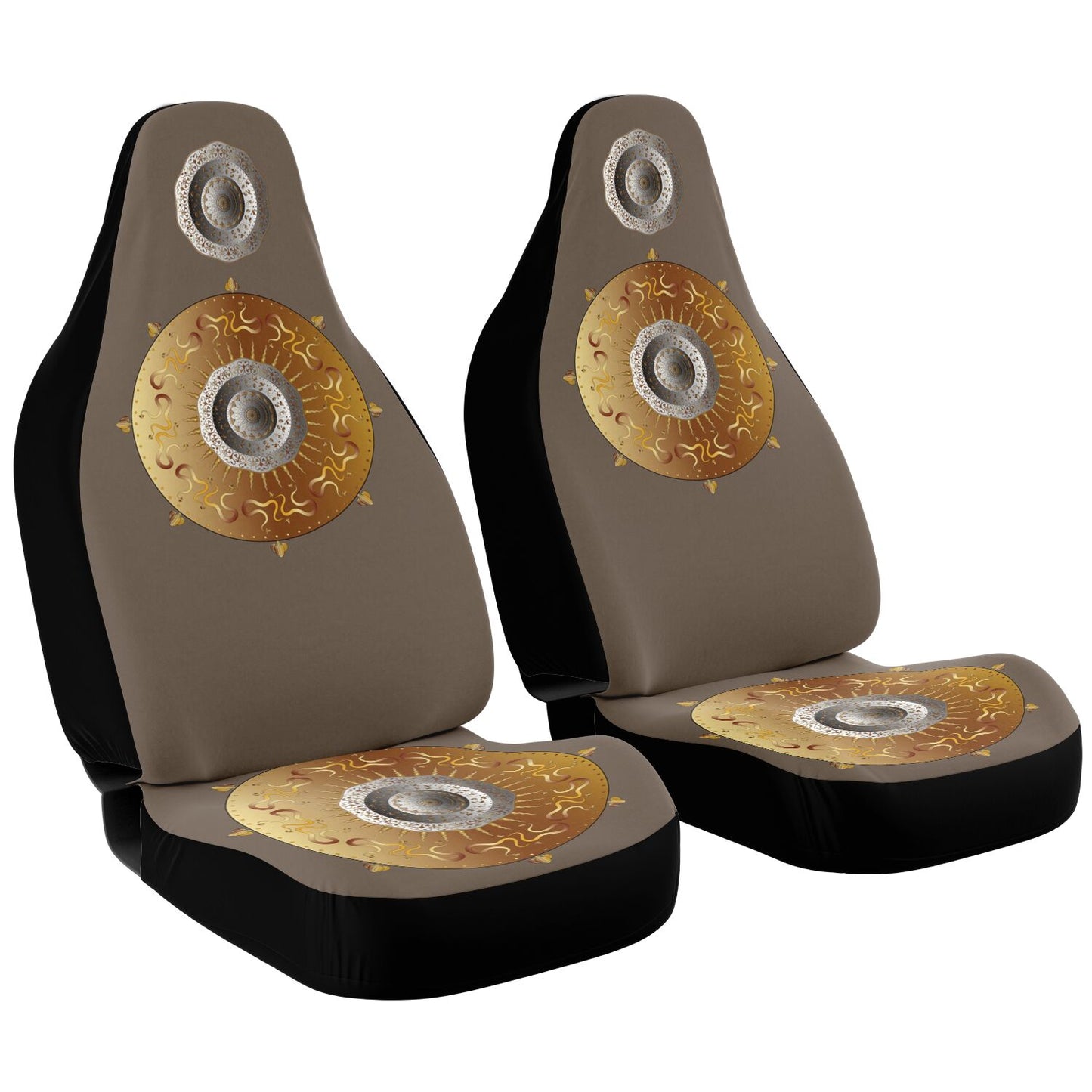 Car Seat Cover - AOP Kukloso Intricate Mandala design, Gold & Silver colors on Cocoa- Free Shipping