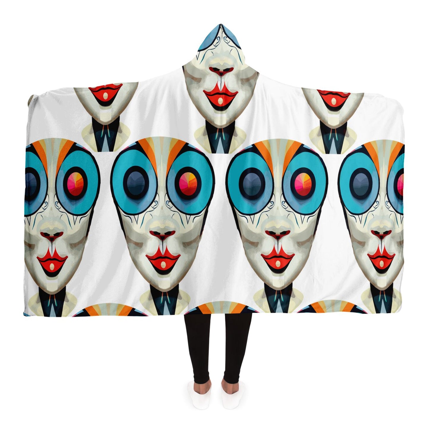 Hooded Blanket - AOP Kukloso Cubist Faces No 12 White Bkgd - Free Shipping