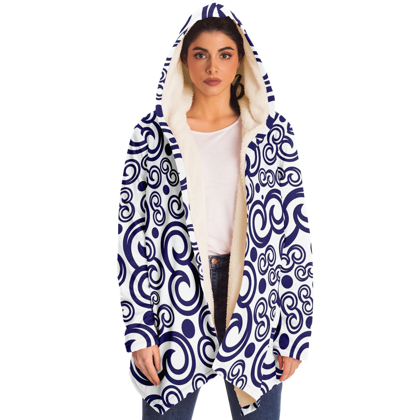 Microfleece Cloak - AOP Kukloso Fleurons No 7 Abstract Navy shapes on White - Free Shipping