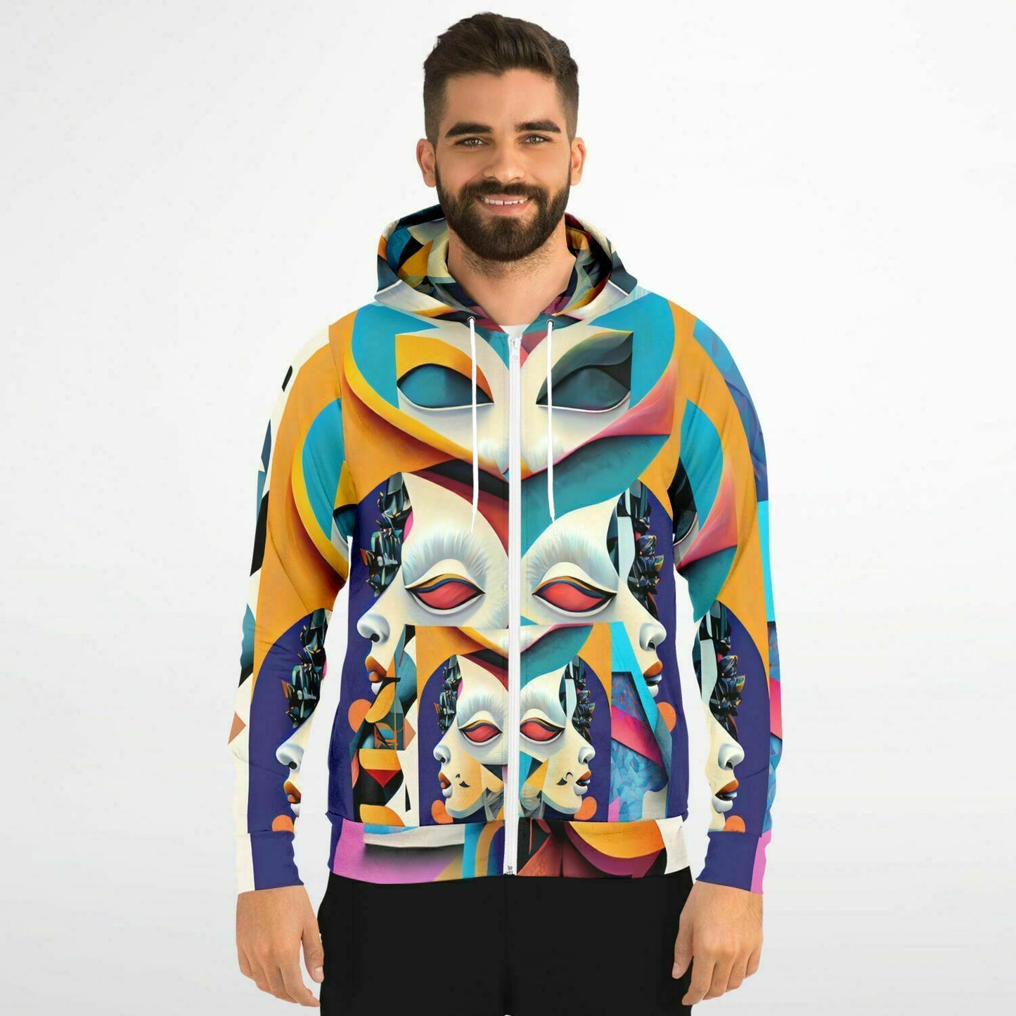 Fashion Zip-Up Hoodie - AOP Kukloso Cubist Faces No 4 Multicolored - Free Shipping