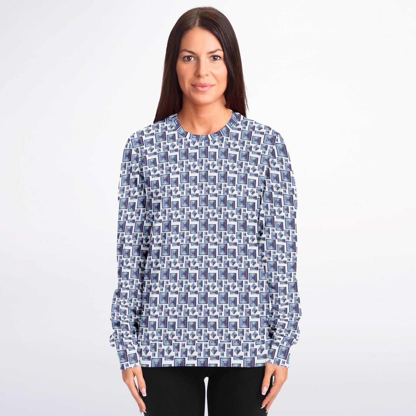 Athletic Sweatshirt - AOP Kukloso Abstractical No 95 Navy, Aqua, Pink Square shapes on White - Free Shipping
