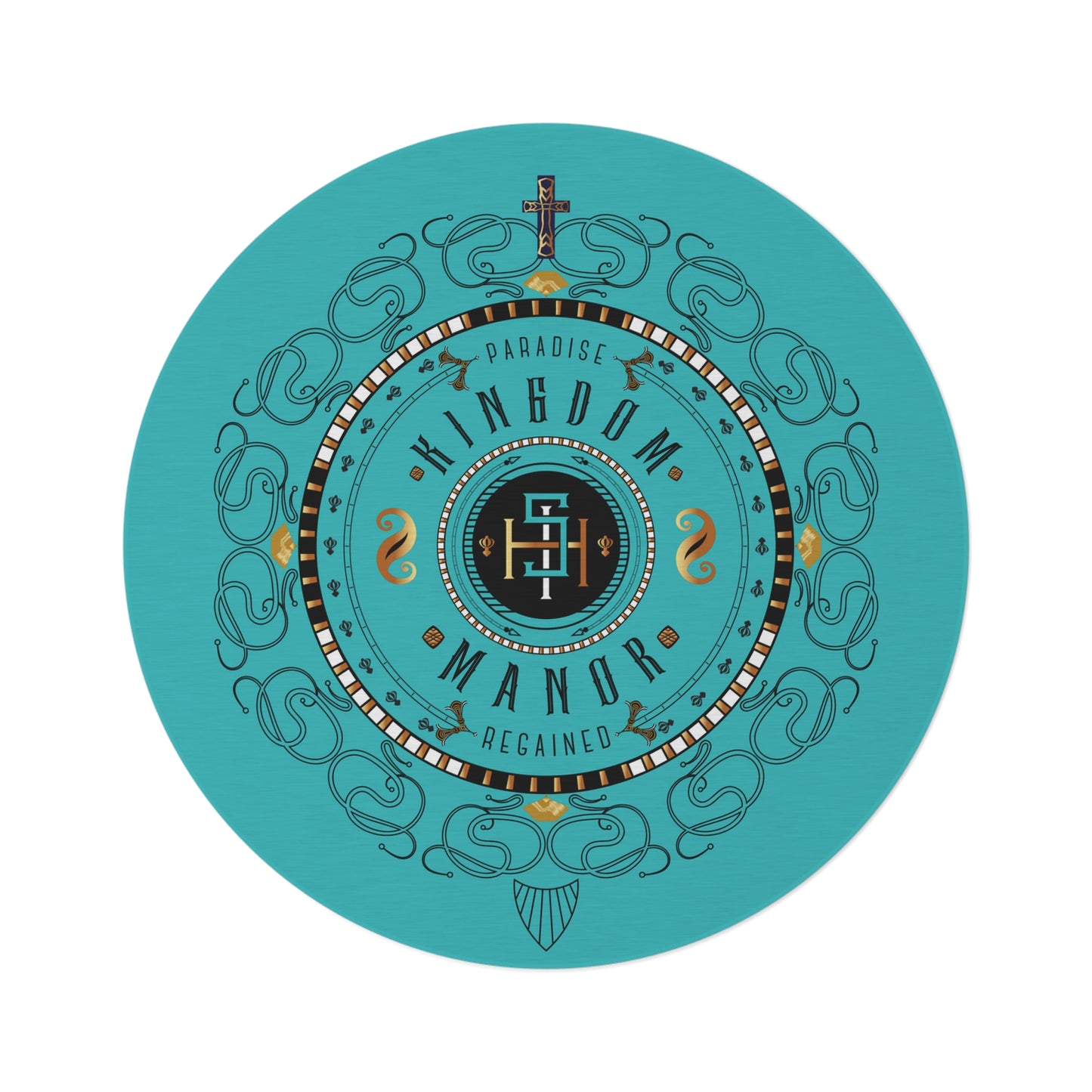 Round Rug Kukloso "Kingdom Manor' IHS initials Christogram Free Shipping