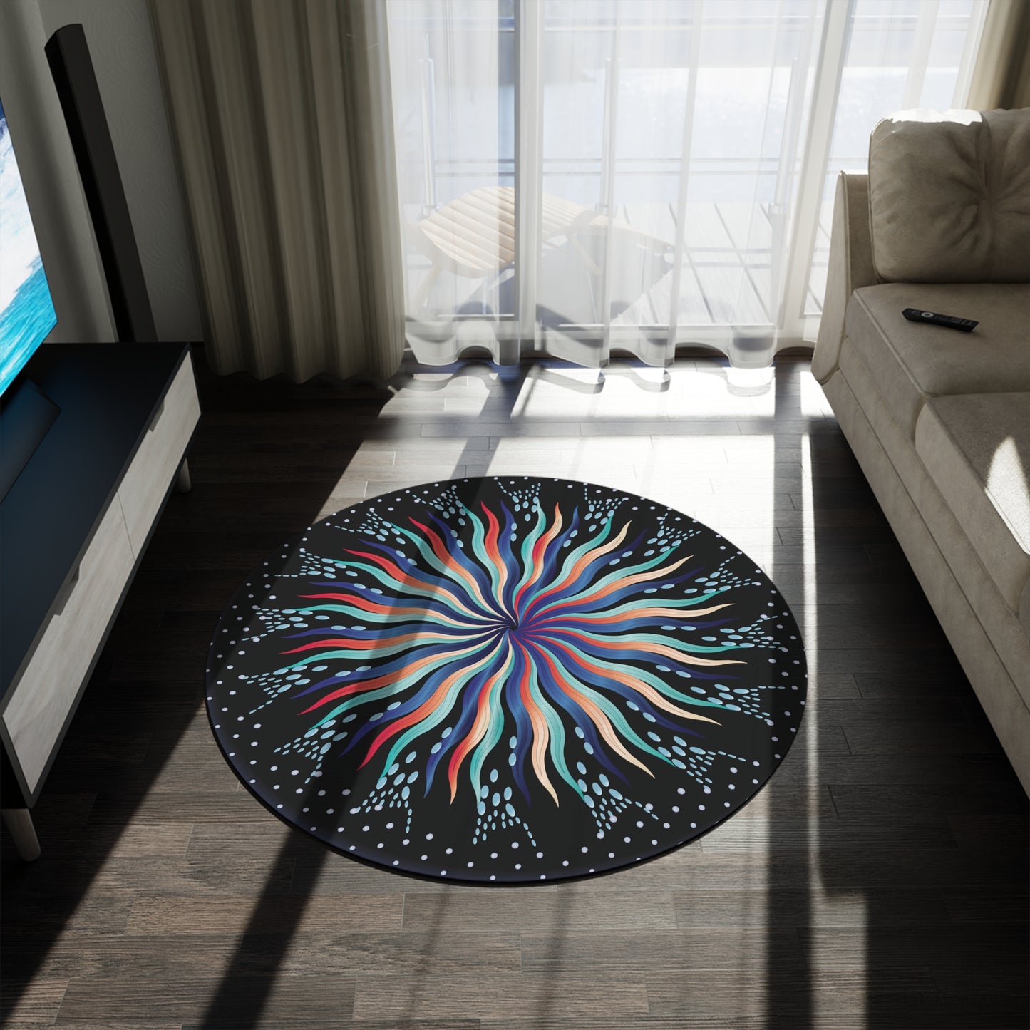 Round Rug Kukloso MD No 5 Mandala Silver, Aqua, Navy Blue Free Shipping