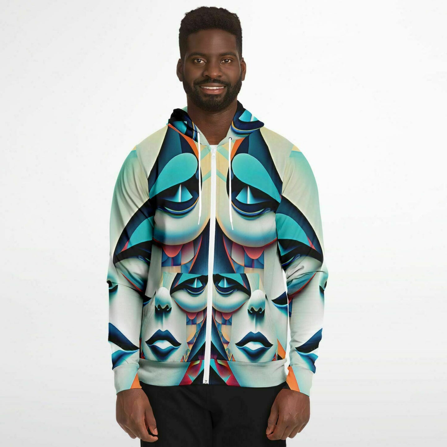 Fashion Zip-Up Hoodie - AOP Kukloso Cubist Faces No 10 Multicolored - Free Shipping