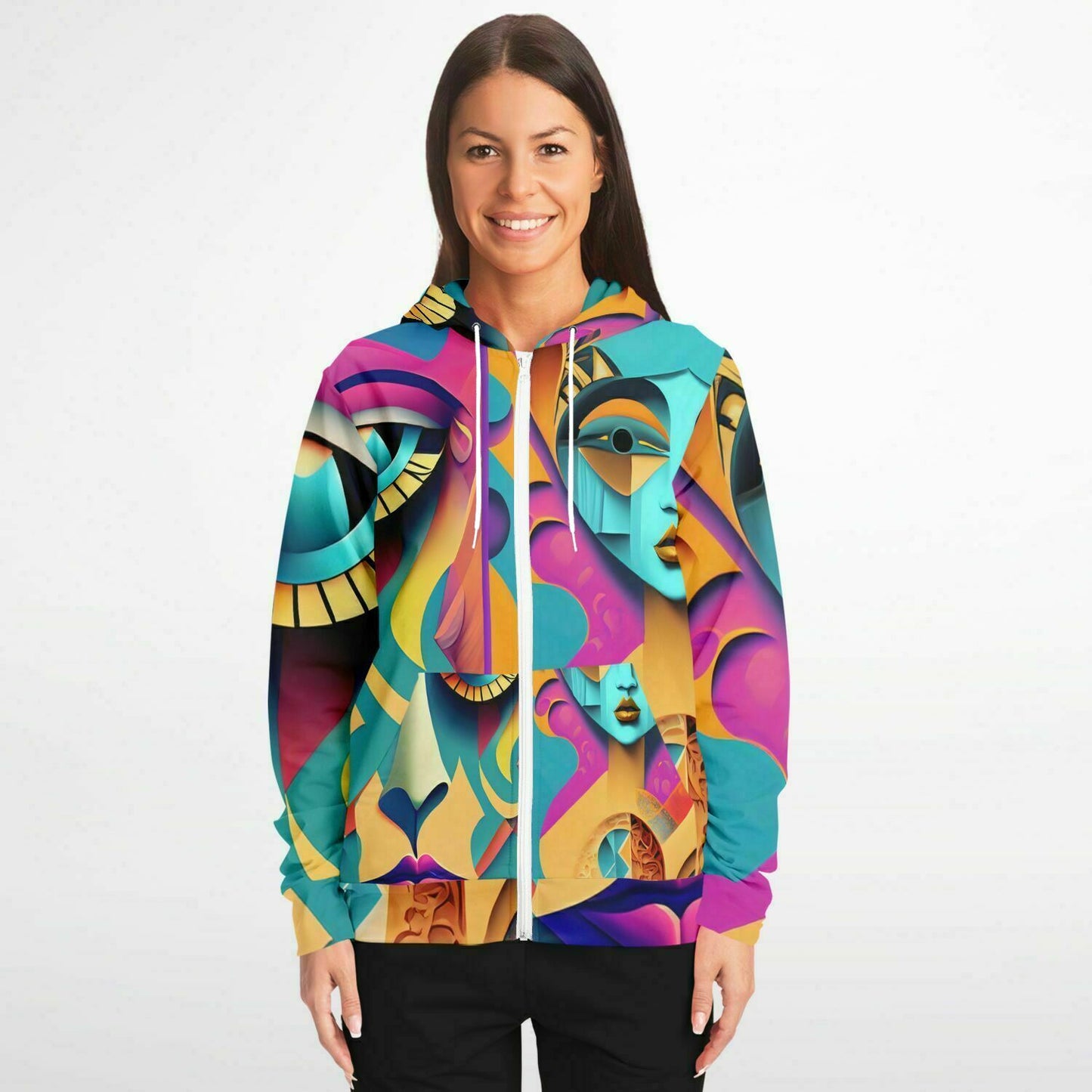 Fashion Zip-Up Hoodie - AOP Kukloso Cubist Faces No 6 Multicolored - Free Shipping