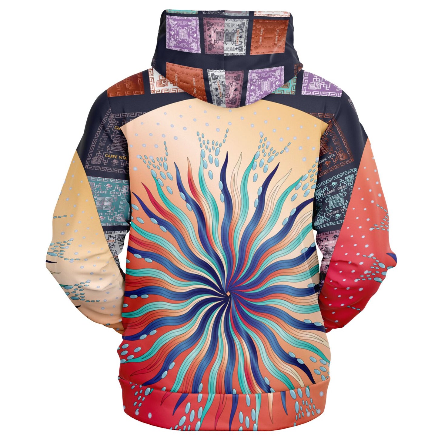 Fashion Zip-Up Hoodie - AOP Kukloso Mandala No 5B Multicolored Combo on a Carpe Diem Greek Border - Free Shipping