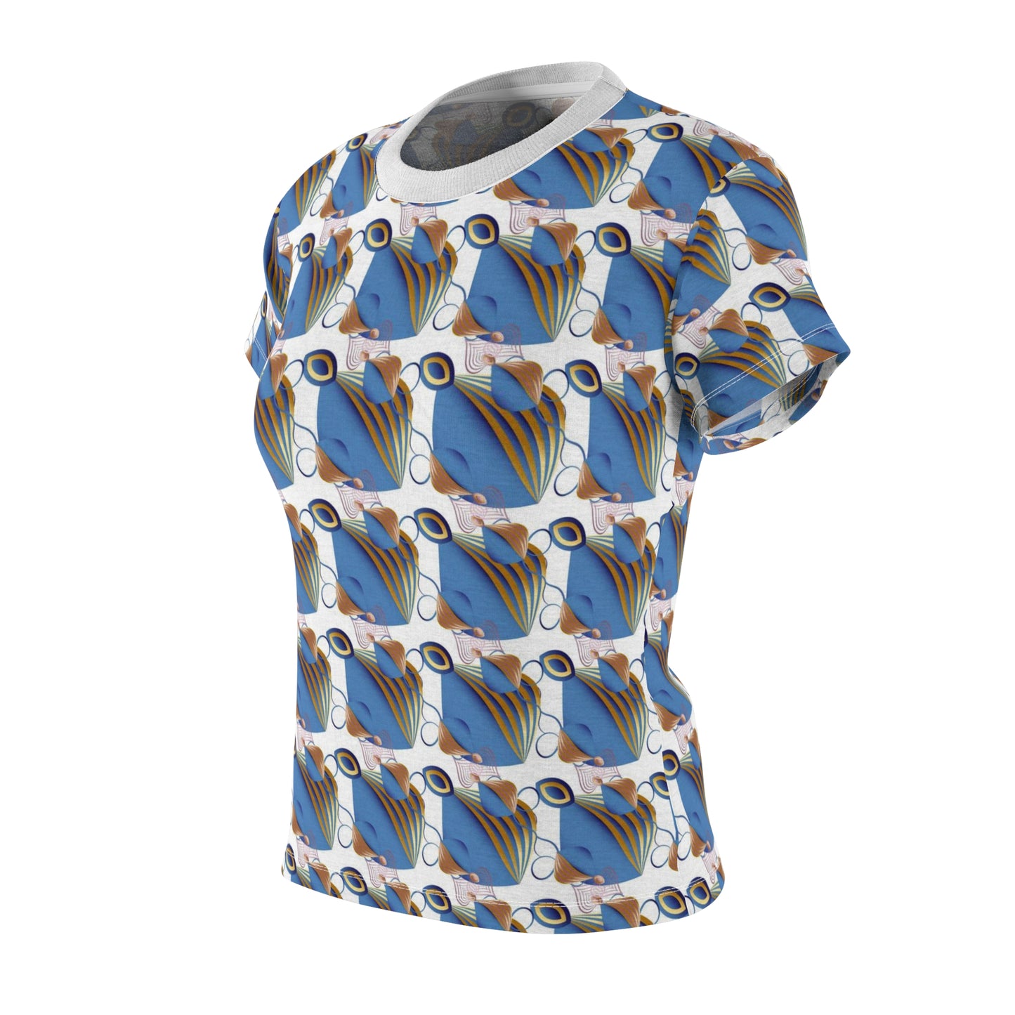 Women's Cut & Sew Tee (AOP) Kukloso Fleurons No 48 No 9 Pink, Blue, Gold on White - Free Shipping