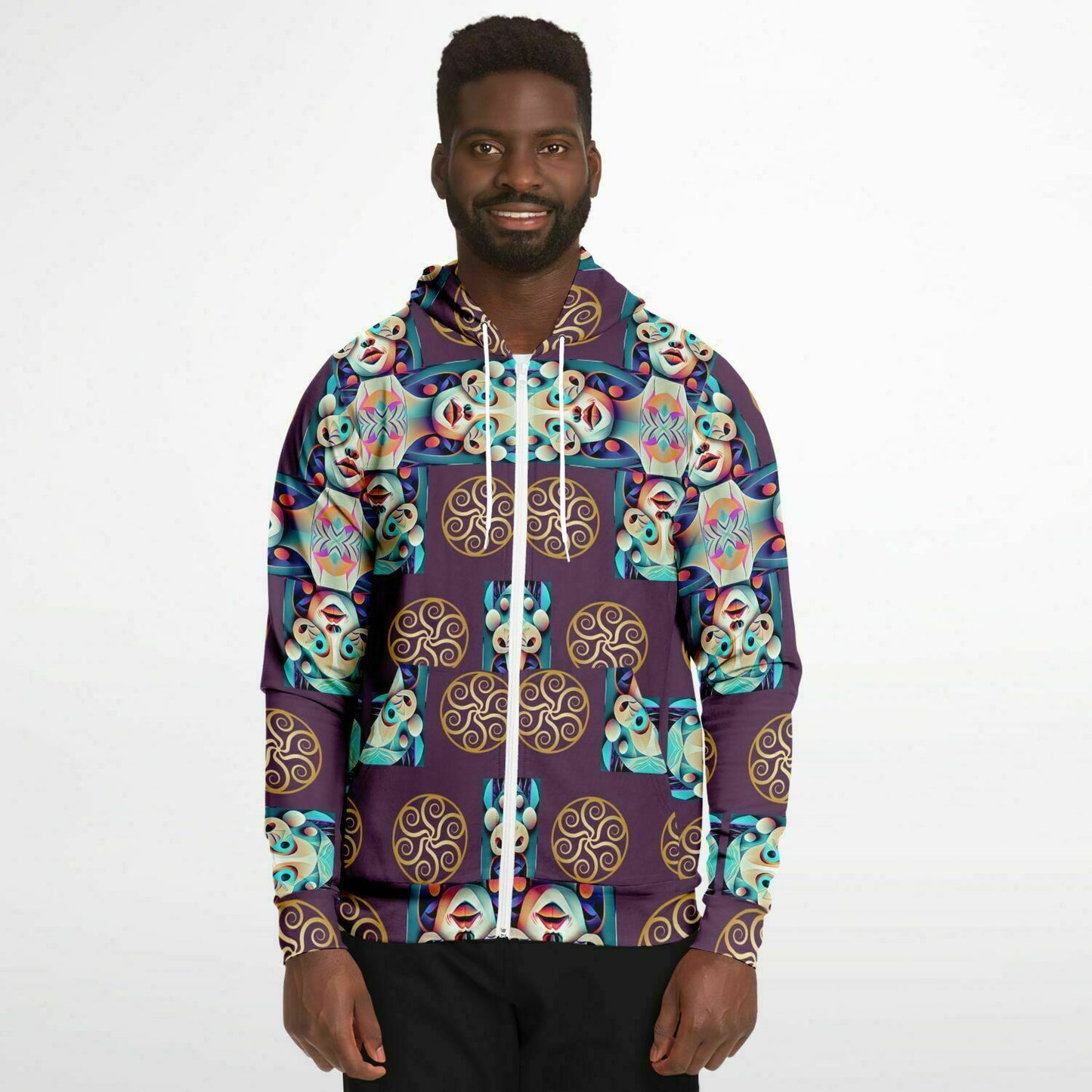 Fashion Zip-Up Hoodie - AOP Kukloso Cubist Faces No 13 Purple, Multicolored - Free Shipping