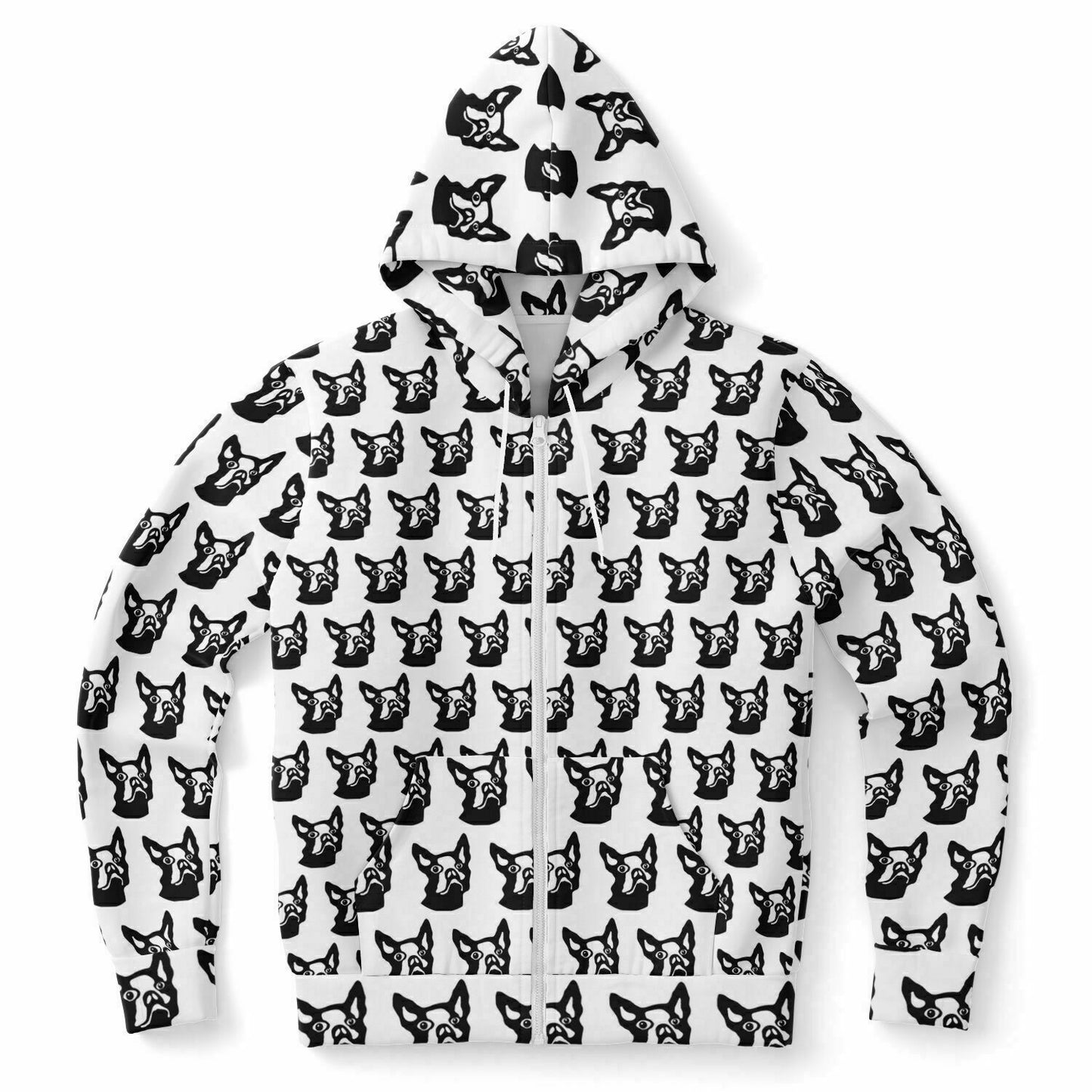 Fashion Zip-Up Hoodie - AOP Kukloso Boston Terrier Dog Black on White - Free Shipping