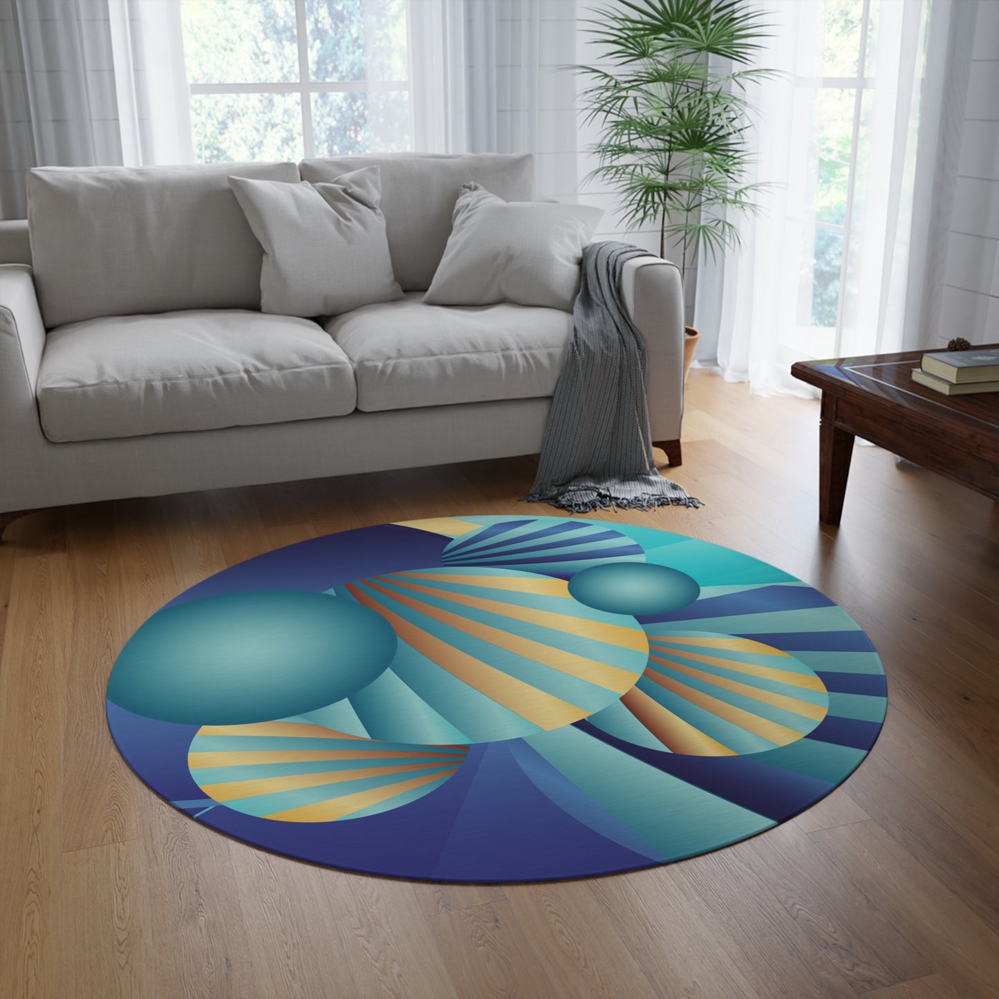 Round Rug Kukloso Abstractical No 60 Abstract Circles & shapes, Blue - Green, Gold Free Shipping
