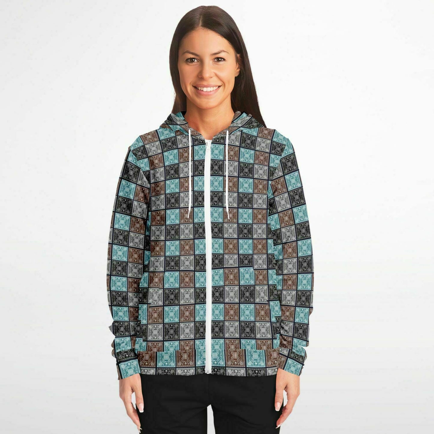 Fashion Zip-Up Hoodie - AOP Kukloso Greek Border No 44 No 1 Carpe Diem - Chocolate, Silver & Blue-Green on Black - Free Shipping