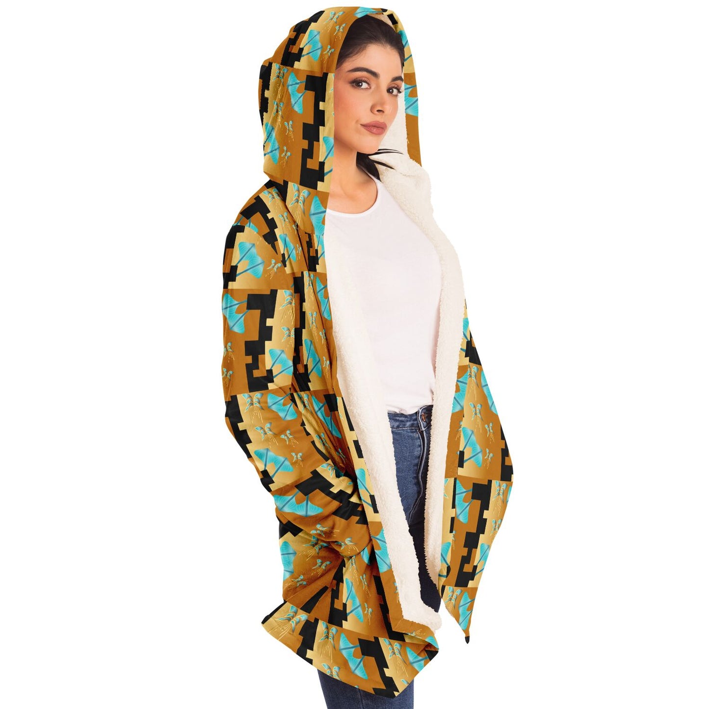 Microfleece Cloak - AOP Kukloso Whimsical No 43 Abstract Moth design, Gold & Turwuoise on Black - Free Shipping