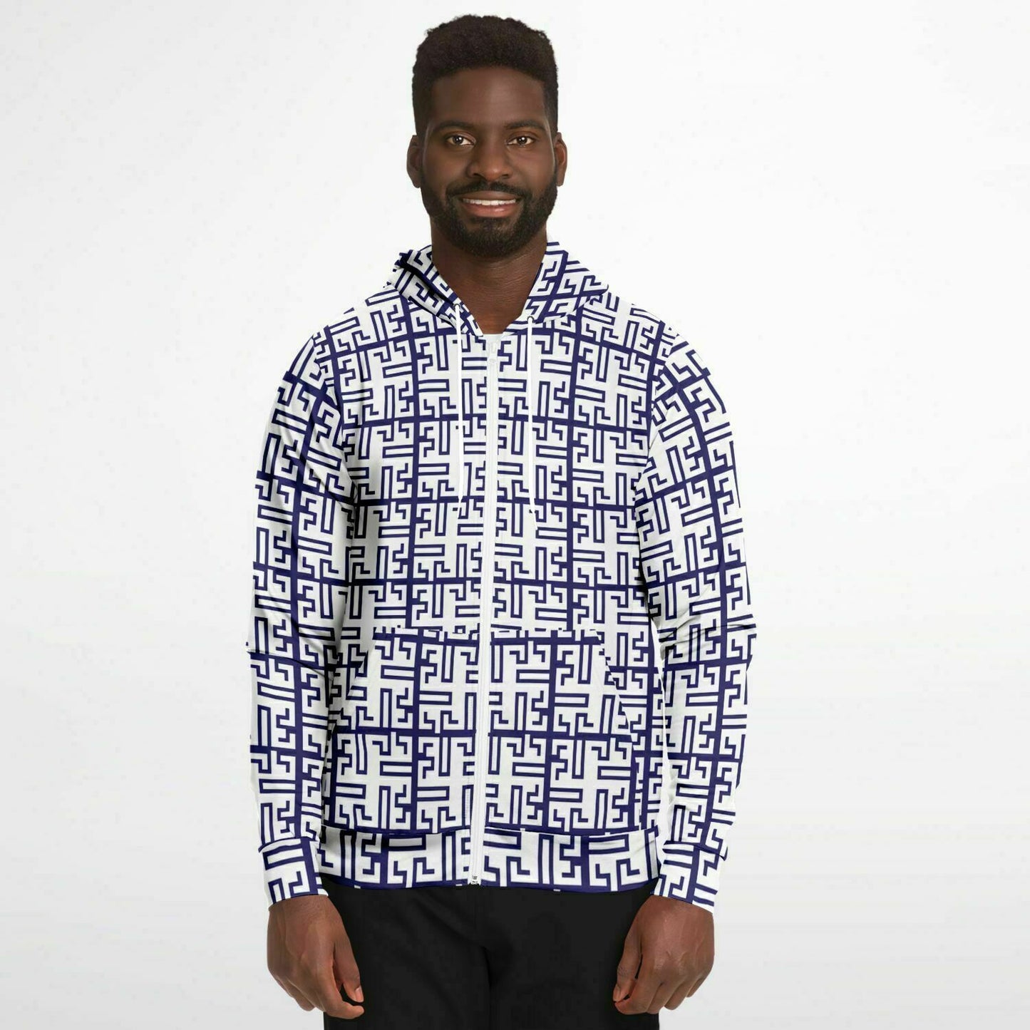 Fashion Zip-Up Hoodie - AOP Kukloso Greek Border No 53 Navy on White - Free Shipping