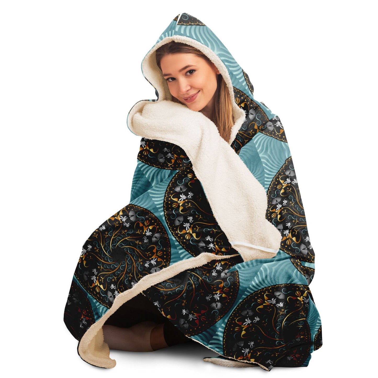 Hooded Blanket - AOP Mandala No 155 Aqua, Silver, Copper, Gold on Patterned Aqua
