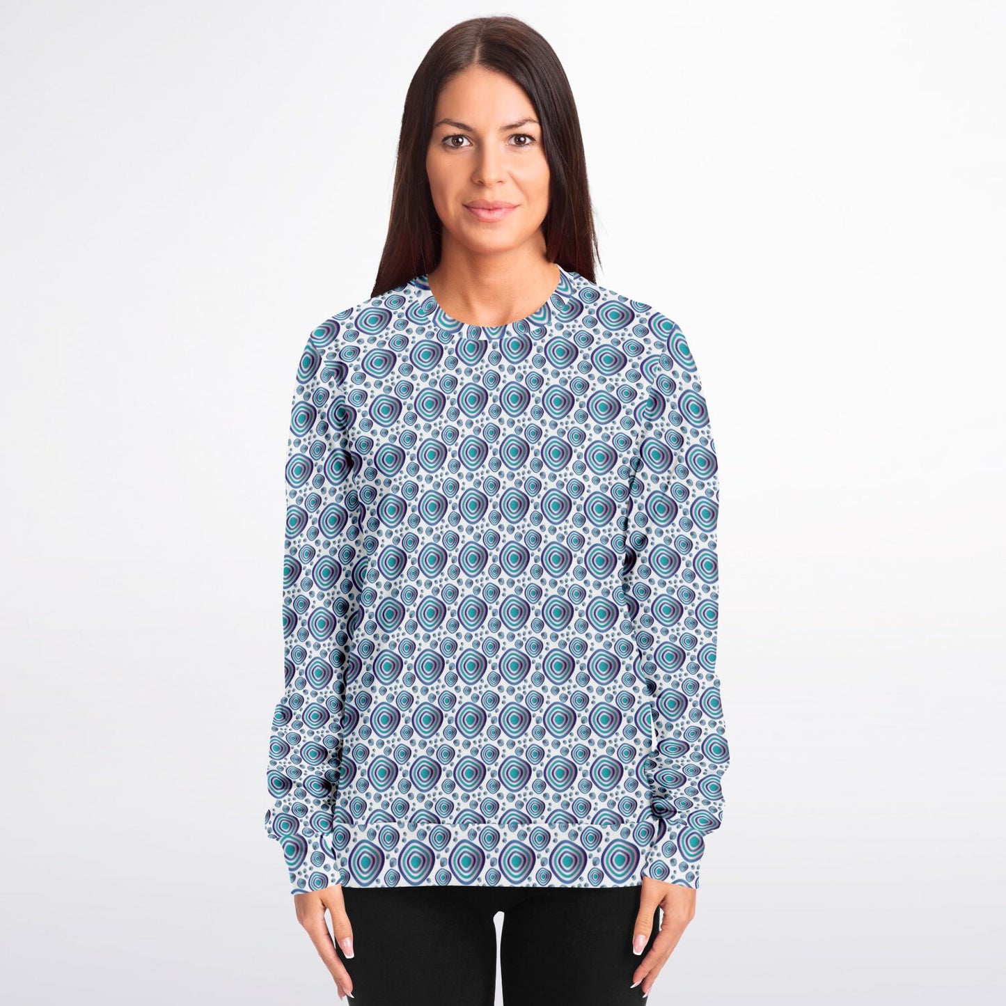 Athletic Sweatshirt - AOP Kukloso Abstractical No 96 Navy, Aqua, Pink Circular shapes on White - Free Shipping