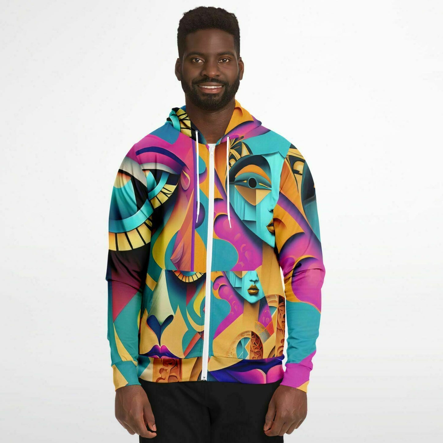 Fashion Zip-Up Hoodie - AOP Kukloso Cubist Faces No 6 Multicolored - Free Shipping