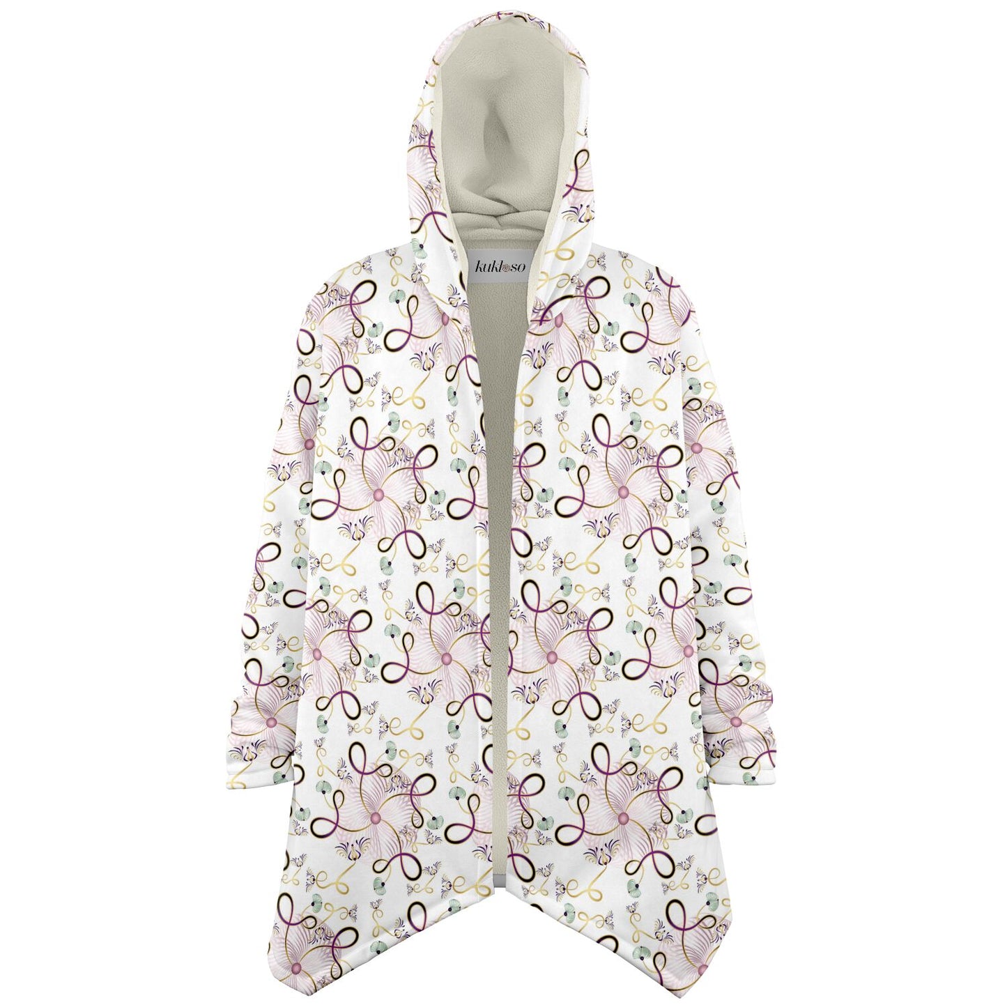 Microfleece Cloak - AOP Kukloso Whimsical No 25 Pink, Gold abstract shapes on White - Free Shipping