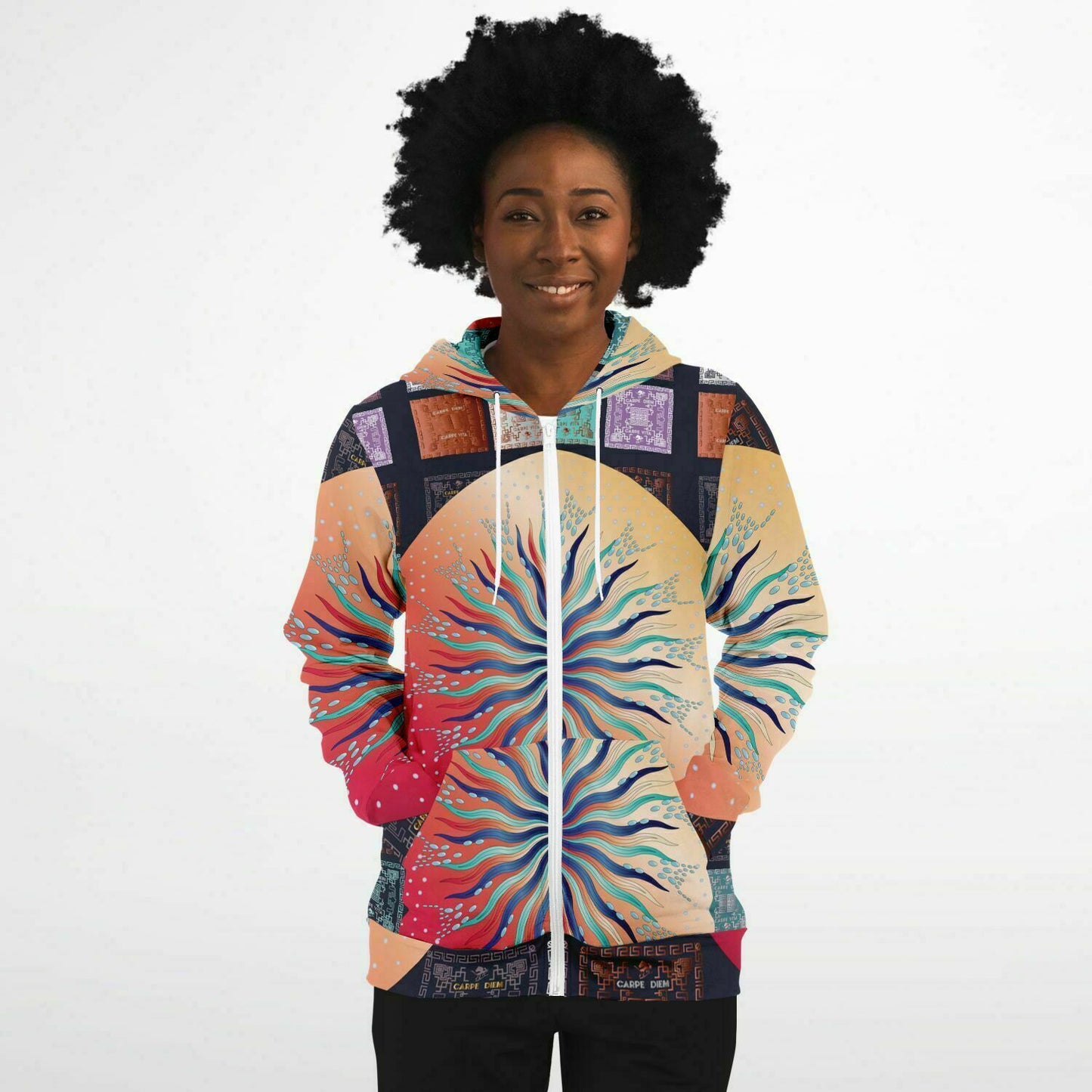 Fashion Zip-Up Hoodie - AOP Kukloso Mandala No 5B Multicolored Combo on a Carpe Diem Greek Border - Free Shipping