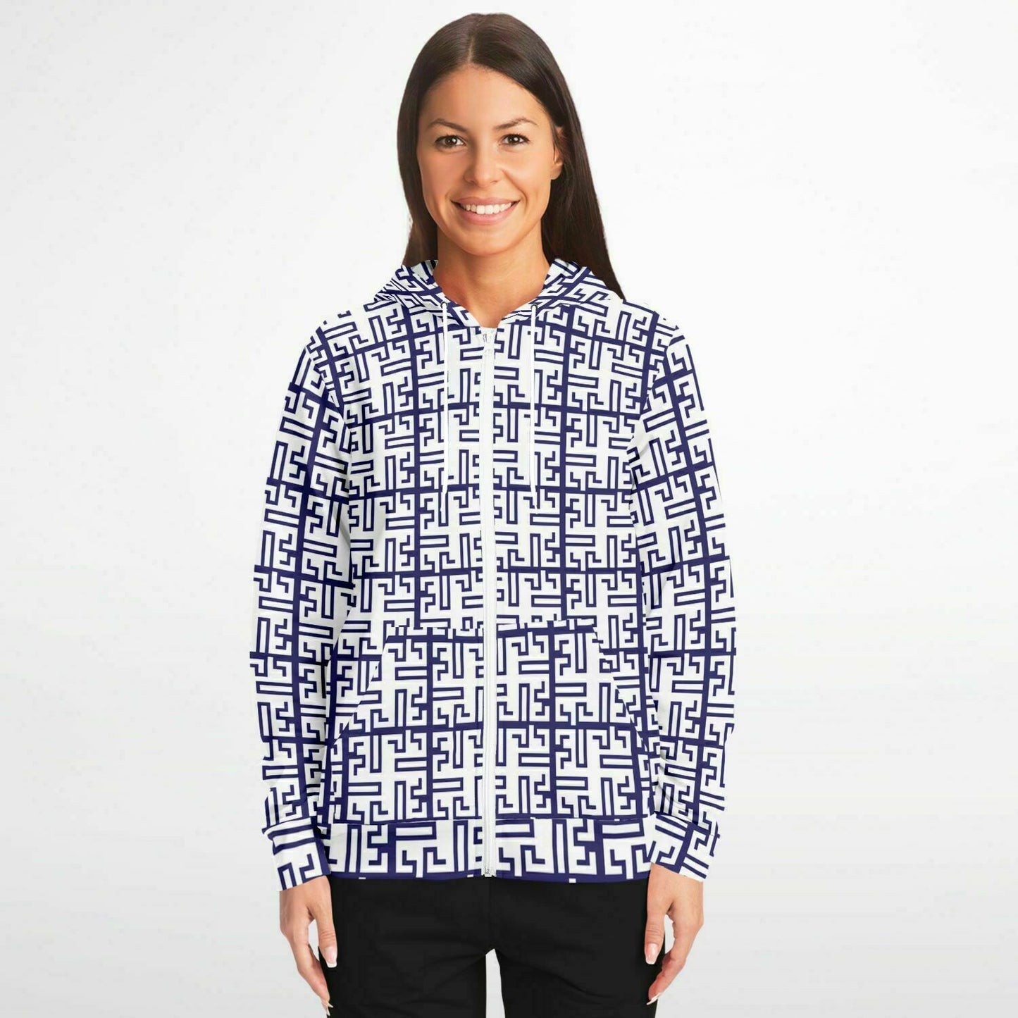 Fashion Zip-Up Hoodie - AOP Kukloso Greek Border No 53 Navy on White - Free Shipping