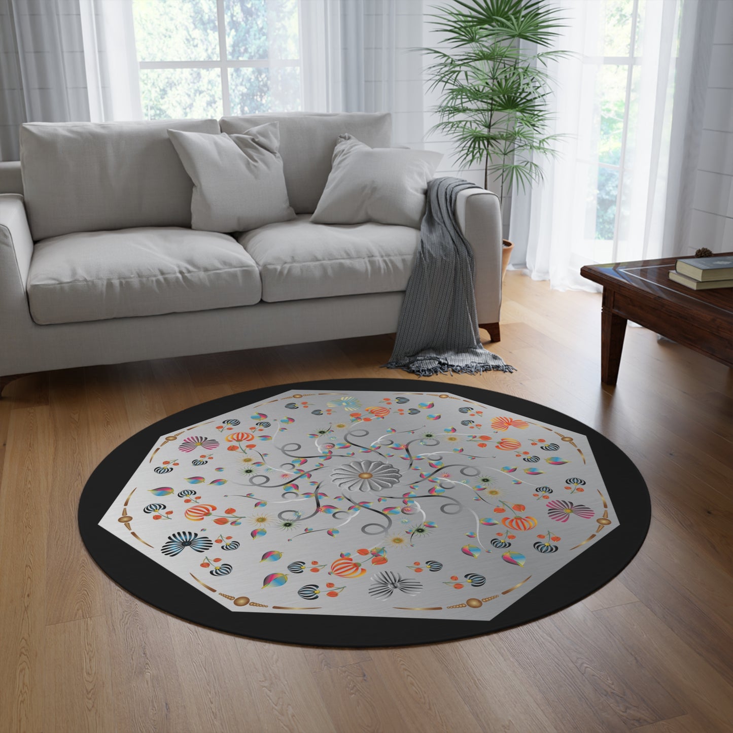 Round Rug Kukloso MD No 140 Abstract Floral Shapes Silver Mandala on Black Free Shipping