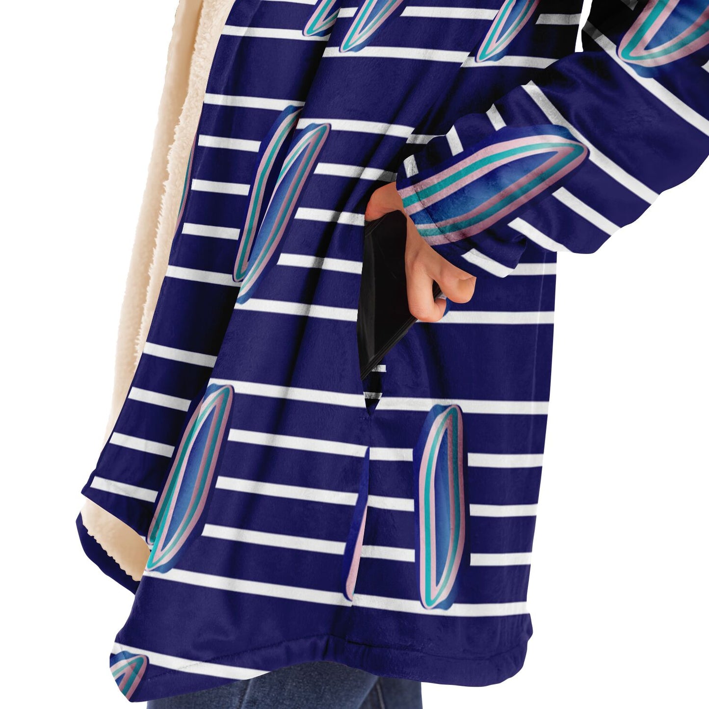Microfleece Cloak - AOP Kukloso Whimsical No 56 Navy & Aqua abstract shapes on wide Navy stripes. - Free Shipping