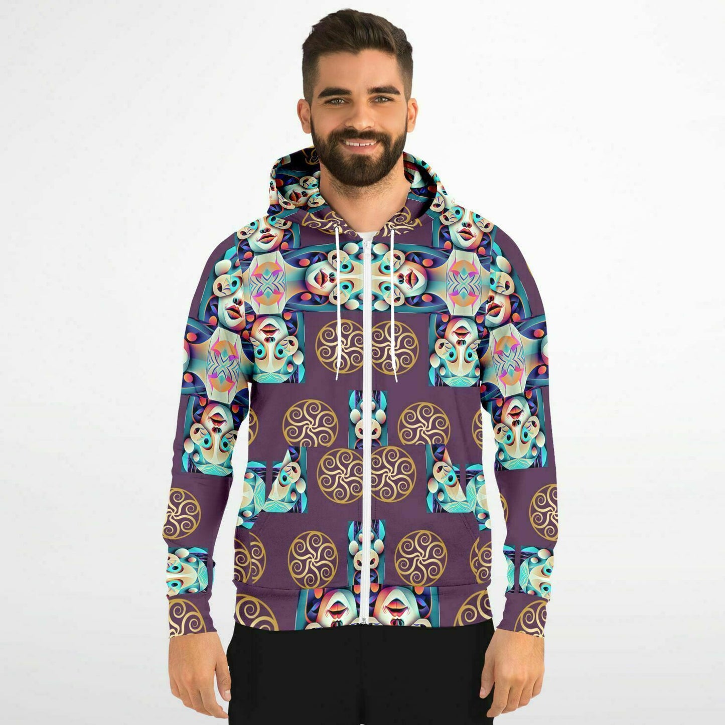 Fashion Zip-Up Hoodie - AOP Kukloso Cubist Faces No 13 Purple, Multicolored - Free Shipping