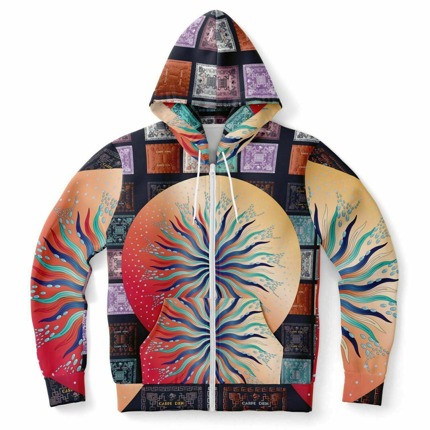 Fashion Zip-Up Hoodie - AOP Kukloso Mandala No 5B Multicolored Combo on a Carpe Diem Greek Border - Free Shipping