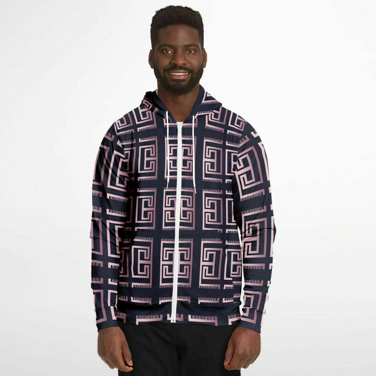 Fashion Zip-Up Hoodie - AOP Kukloso Greek Border No 33 Pink on Navy - Free Shipping