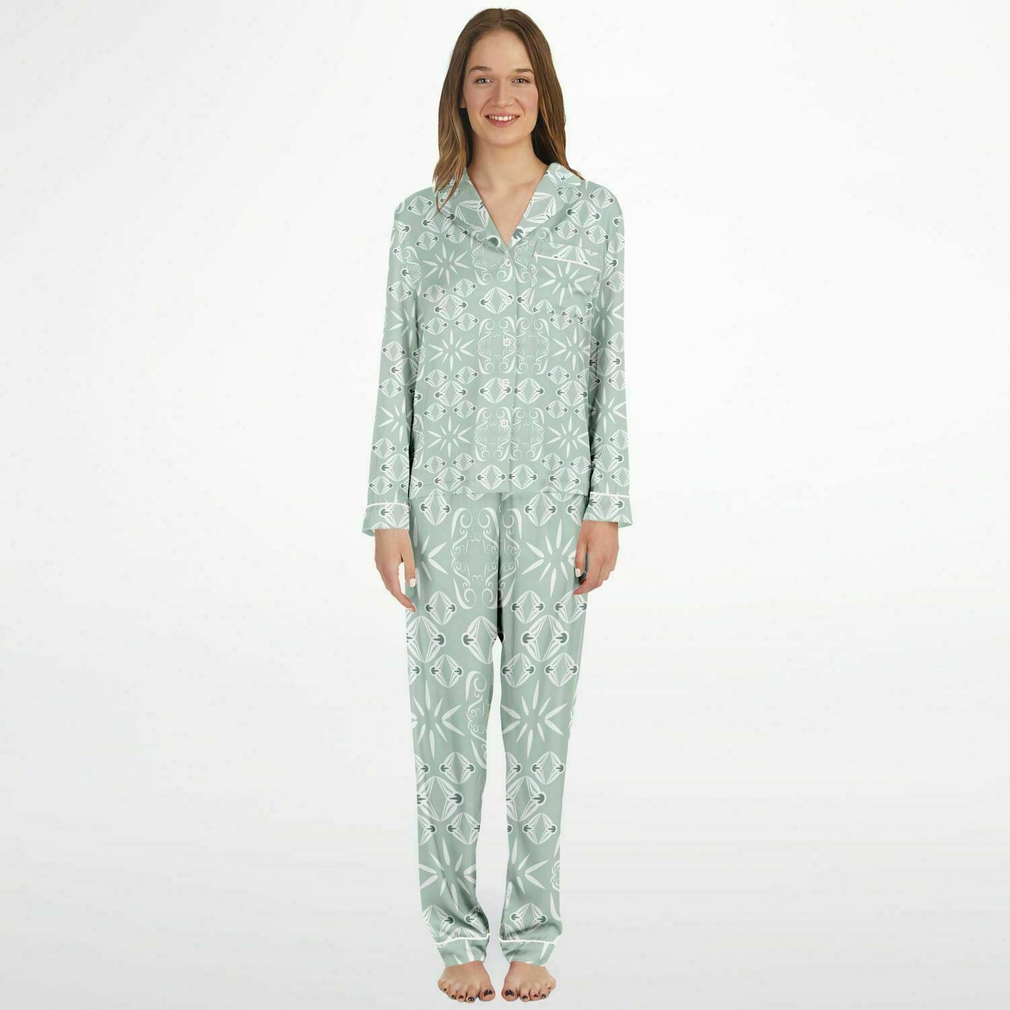 Women's Satin Pajamas - AOP Kukloso Abstractical No 43 Sage - Free Shipping