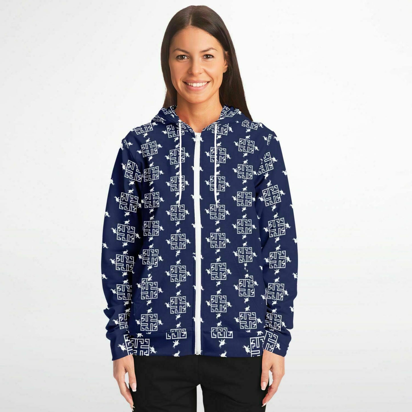 Fashion Zip-Up Hoodie - AOP Kukloso Greek Border No 96 Elephants Navy & White - Free Shipping