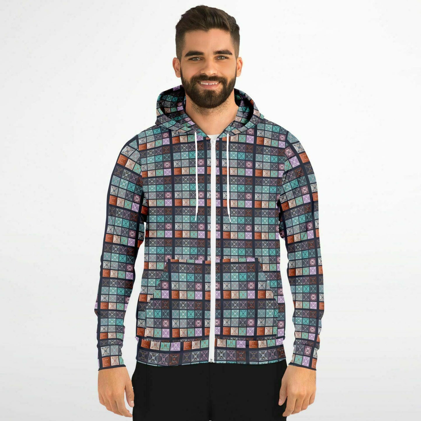 Fashion Zip-Up Hoodie - AOP Kukloso Greek Border No 51 No 1 Carpe Diem - Copper, Chocolate, Silver & Blue-Green on Black - Free Shipping