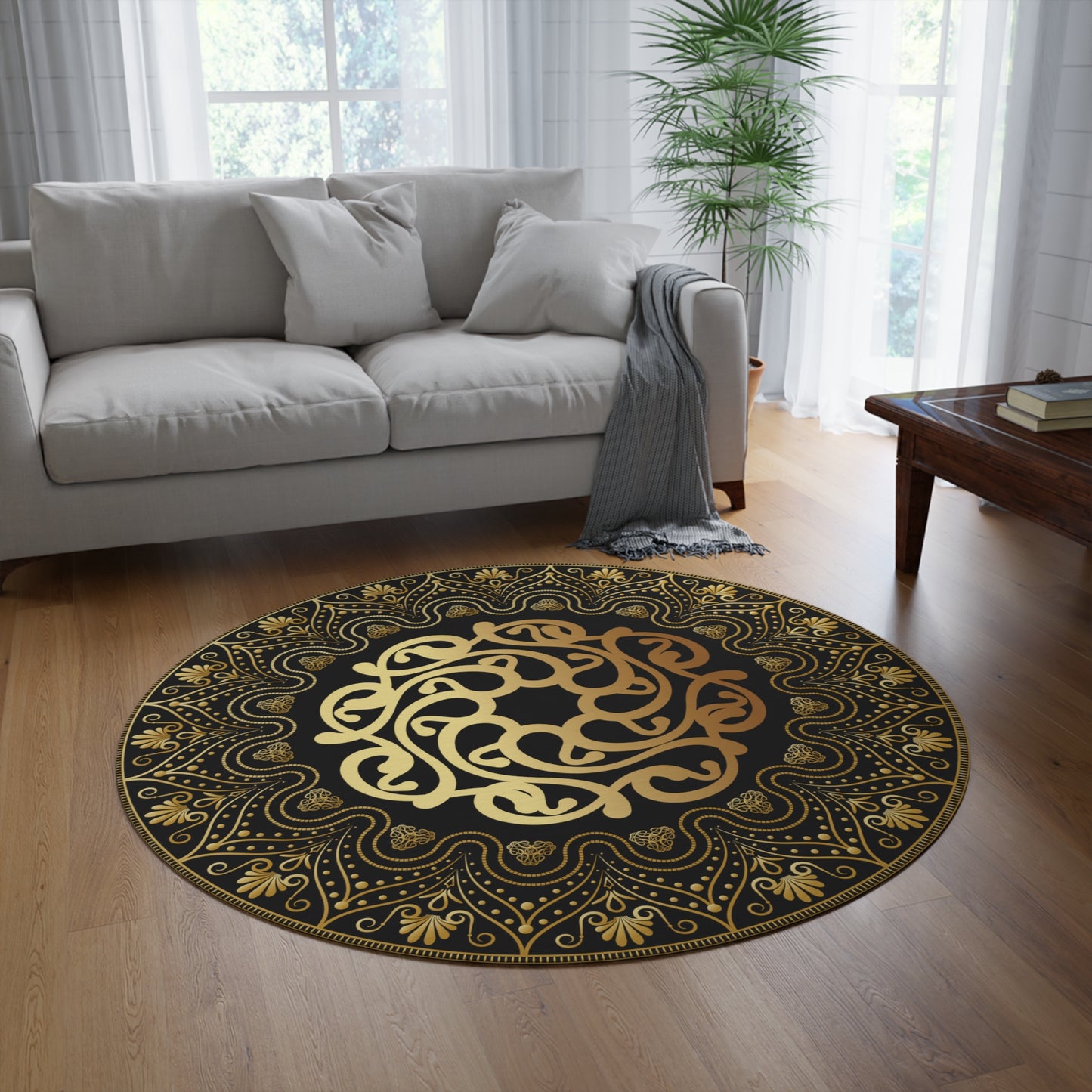 Round Rug Kukloso MD No 119 Gold Mandala on Black Free Shipping