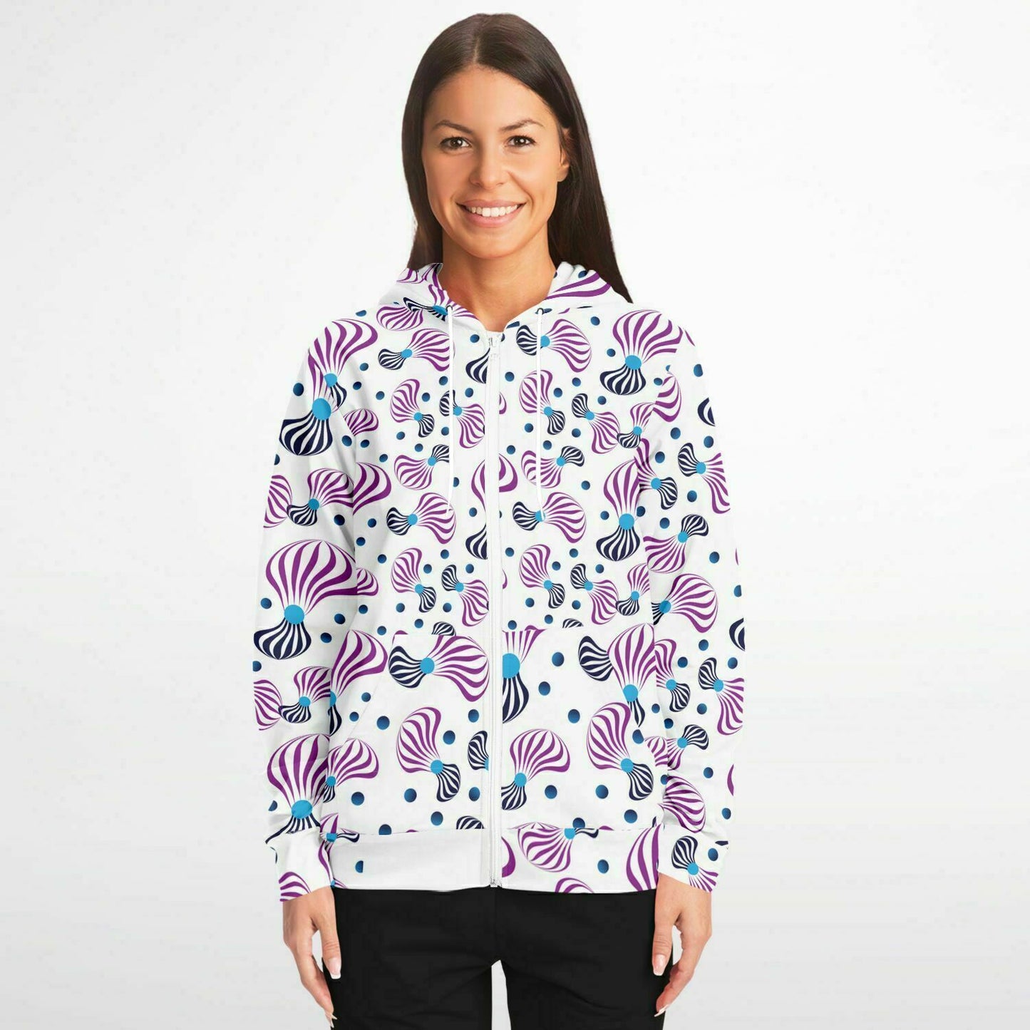 Fashion Zip-Up Hoodie - AOP Kukloso Whimsical l No 95 Pink and Navy on White - Free Shipping