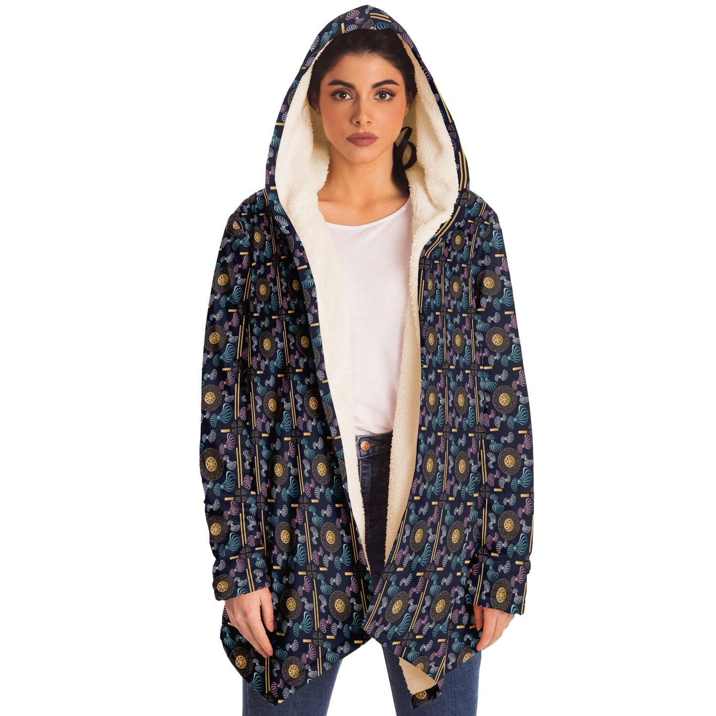 Microfleece Cloak - AOP Kukloso Whimsical No 99 Aqua, Gold, Silver, Pink on Black - Free Shipping