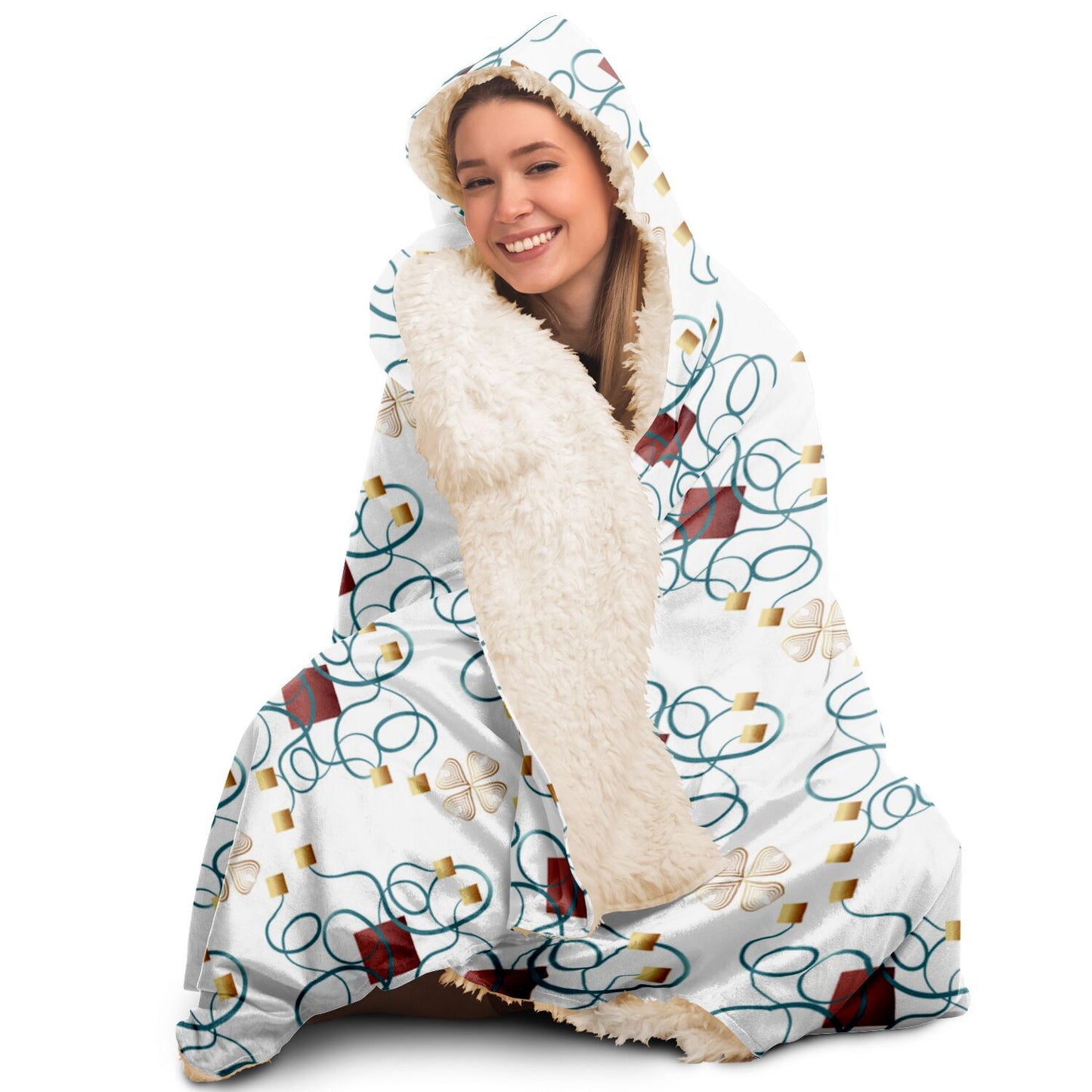 Hooded Blanket - AOP Kukloso Abstractical No 67 Copper, Aqua, Gold on White - Free Shipping