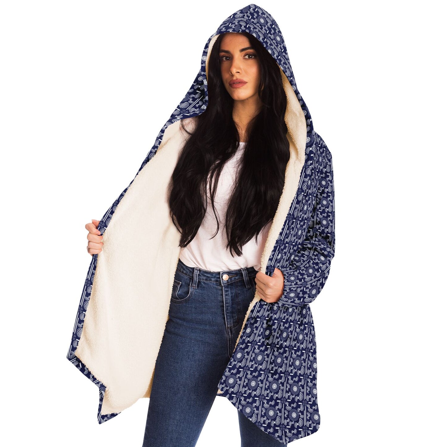 Microfleece Cloak - AOP Kukloso Whimsical No 108 Intricate White Mandala pattern on Navy - Free Shipping