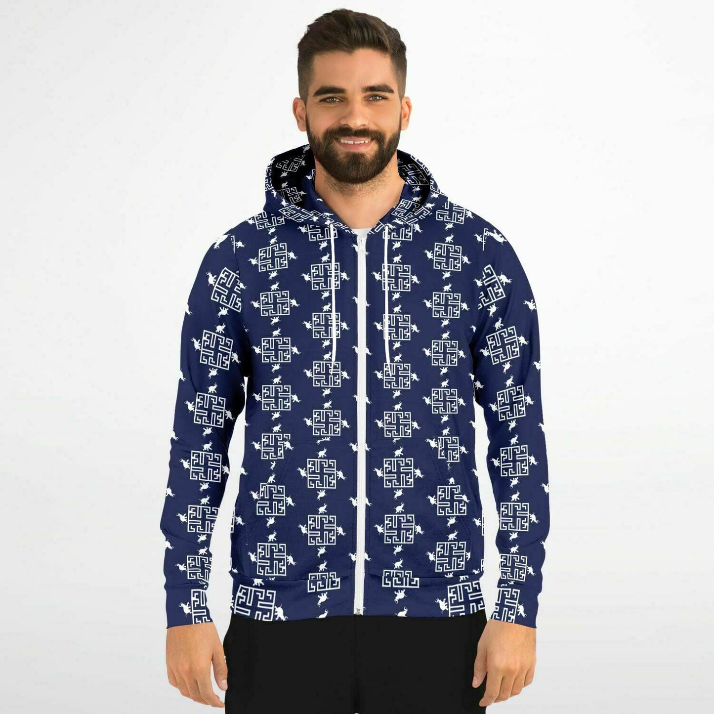 Fashion Zip-Up Hoodie - AOP Kukloso Greek Border No 96 Elephants Navy & White - Free Shipping