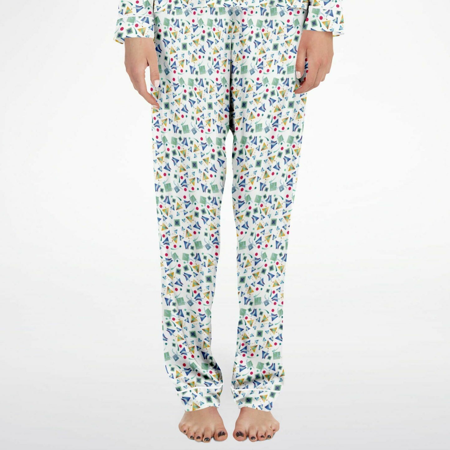 Women's Satin Pajamas - AOP Kukloso Whimsical No 11 Multi-Geometrical shapes & colors on White - Free Shipping