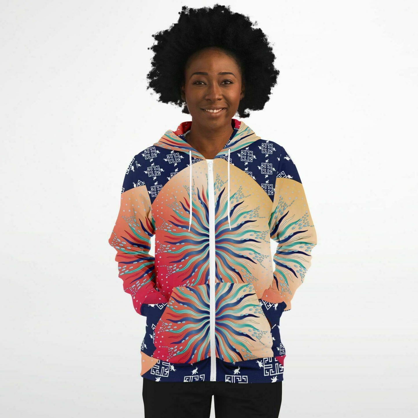 Fashion Zip-Up Hoodie - AOP Kukloso Mandala No 5A Multicolored Combo on a Greek Border - Free Shipping