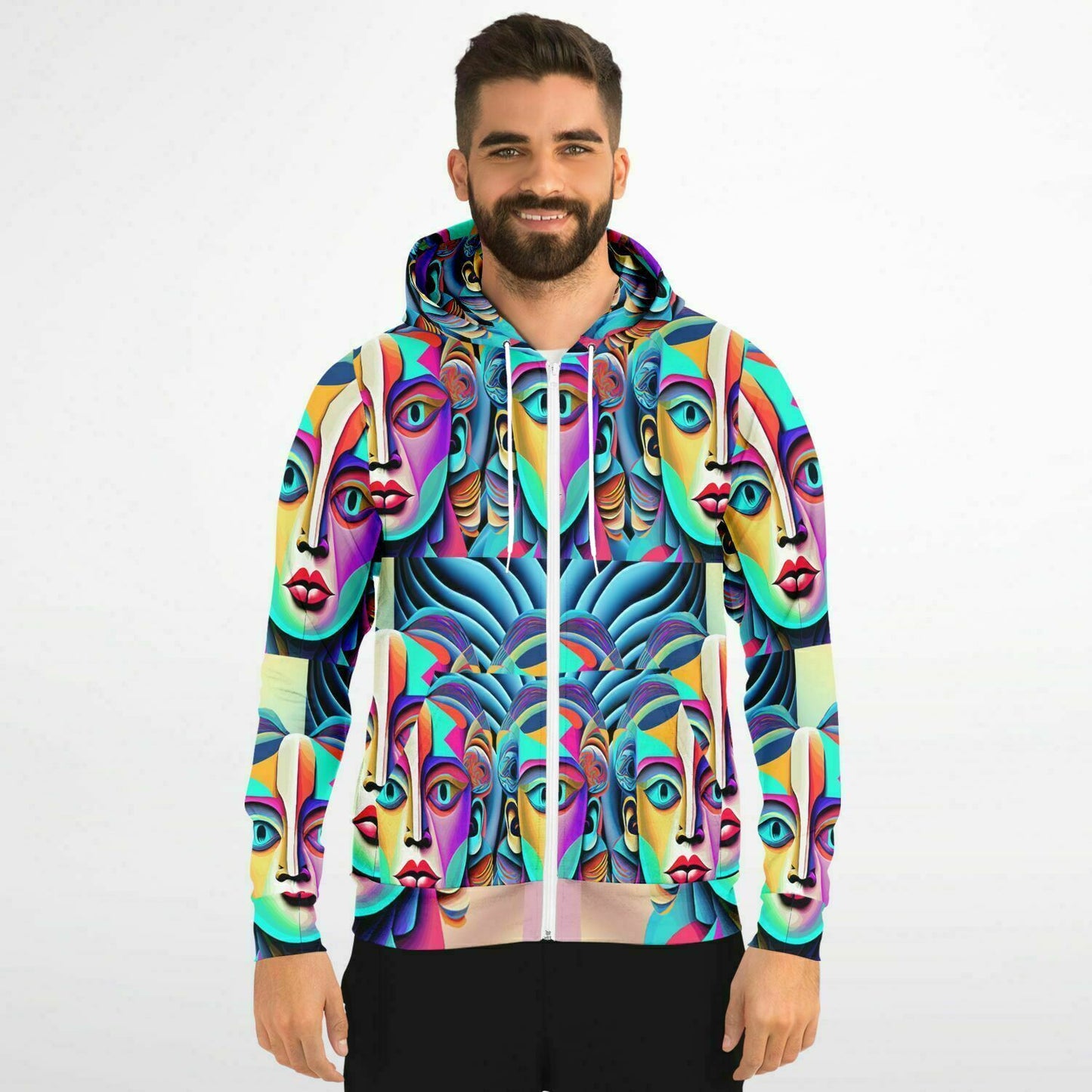 Fashion Zip-Up Hoodie - AOP Kukloso Cubist Faces No 39 - Free Shipping
