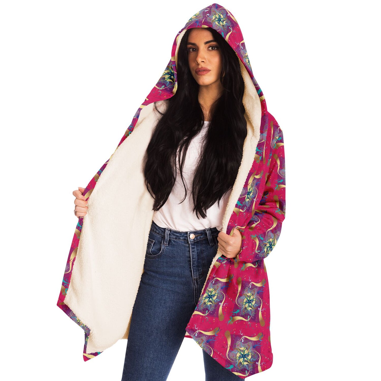 Microfleece Cloak - AOP Kukloso Whimsical No 27 Aqua, Gold Mandala on Magenta - Free Shipping