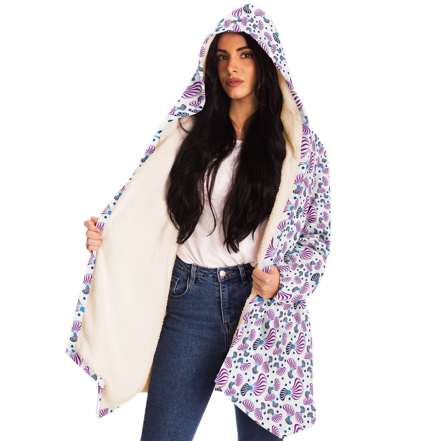 Microfleece Cloak - AOP Kukloso Whimsical No 95 Pink spirals on White - Free Shipping