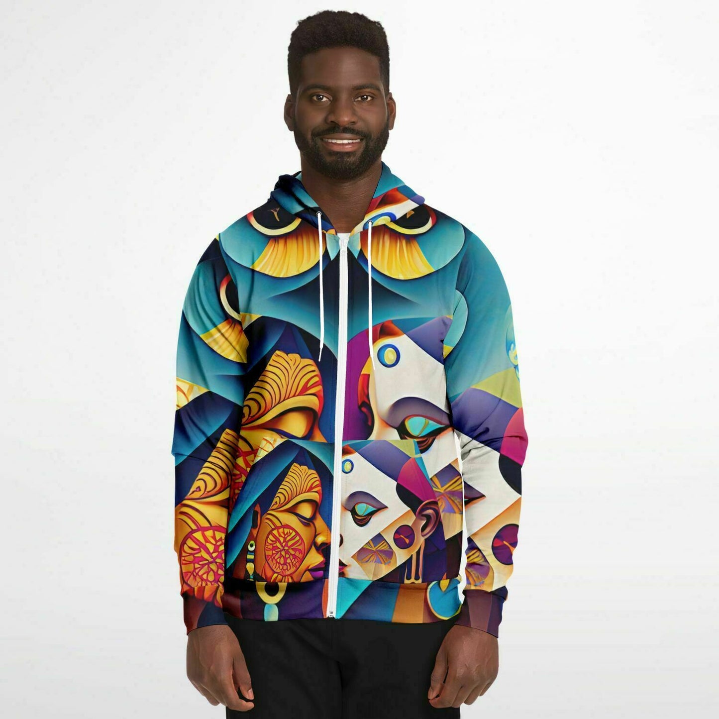 Fashion Zip-Up Hoodie - AOP Kukloso Cubist Faces No 3 Multicolored - Free Shipping