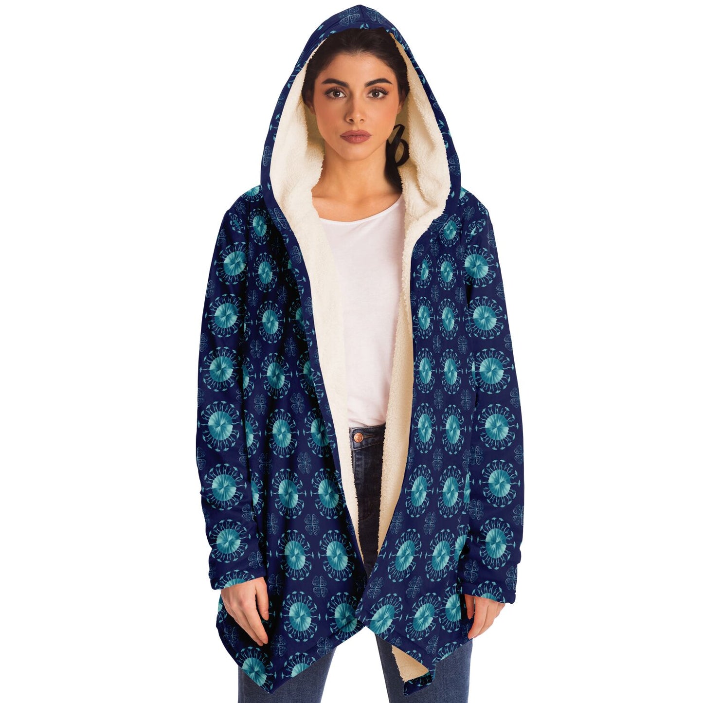 Microfleece Cloak - AOP Kukloso Whimsical No 34 Aqua-Colored Mini-Mandalas on Navy - Free Shipping