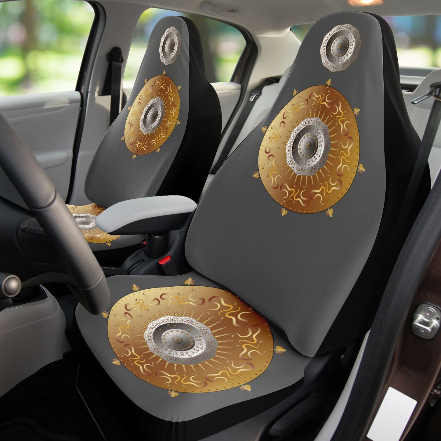 Car Seat Cover - AOP Kukloso Intricate Mandala design, Gold & Silver colors on Charcoal- Free Shipping